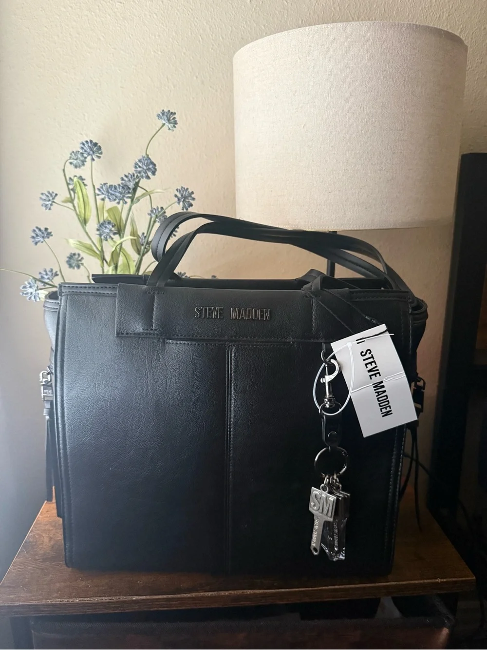 Steve Madden Black Structured Tote with Key Charm